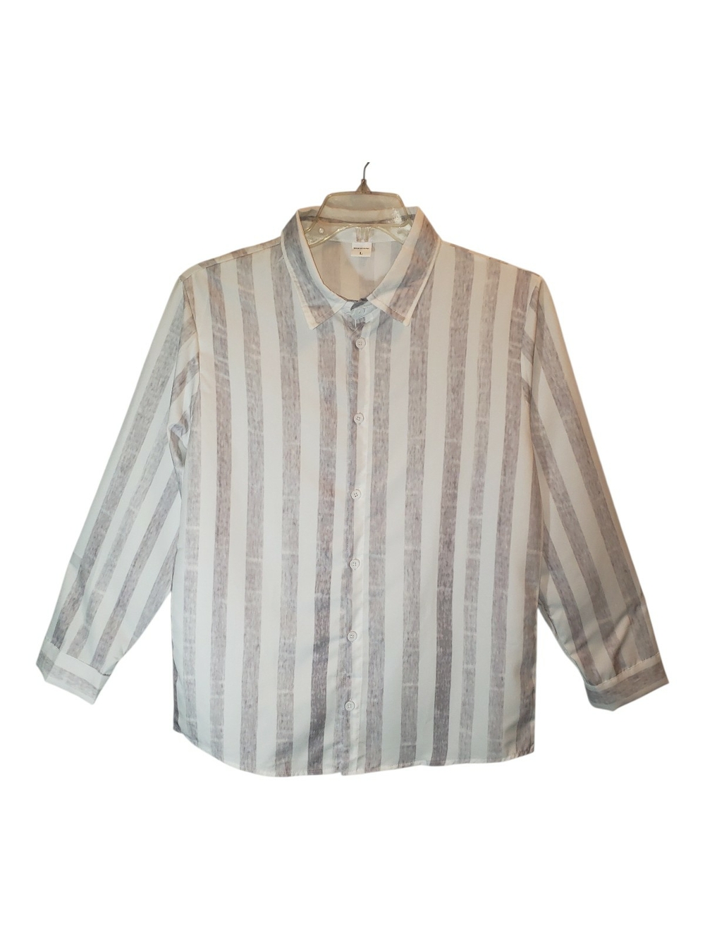 H&M Men's White and Light Gray Striped Casual Button-Down Shirt.